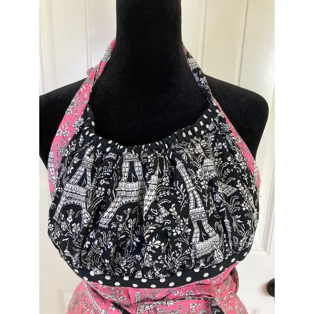 Pink Black Reversible Eiffel Tower Paris Floral Apron Polka Dot Trim Pockets‎